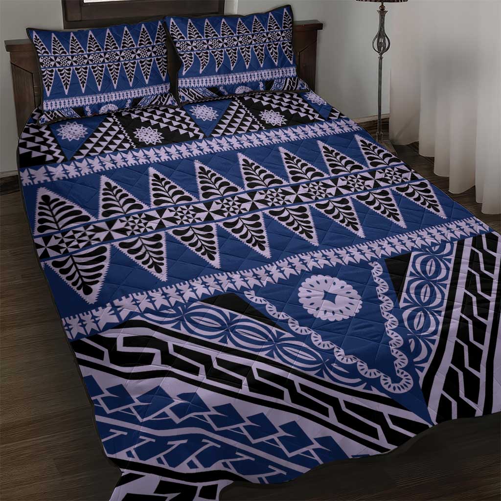 Vintage Bula Fiji Quilt Bed Set Prussian Blue Tapa Masi Motif