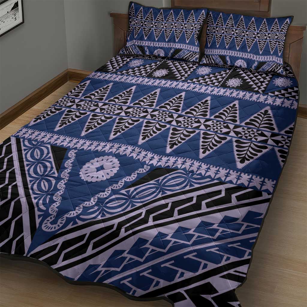 Vintage Bula Fiji Quilt Bed Set Prussian Blue Tapa Masi Motif