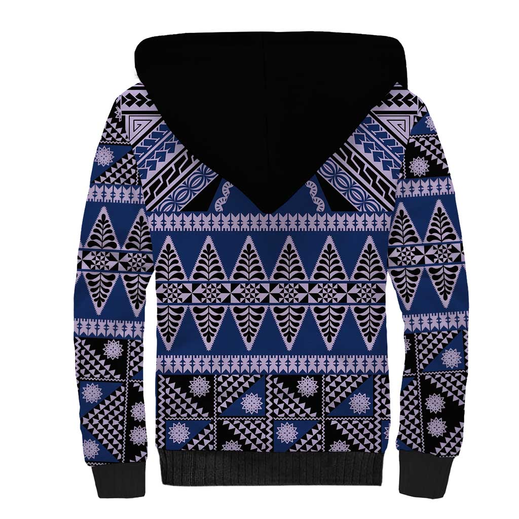 Vintage Bula Fiji Sherpa Hoodie Prussian Blue Tapa Masi Motif