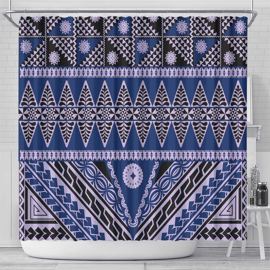 Vintage Bula Fiji Shower Curtain Prussian Blue Tapa Masi Motif
