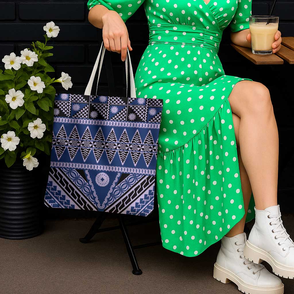 Vintage Bula Fiji Tote Bag Prussian Blue Tapa Masi Motif - Polynesian Pride