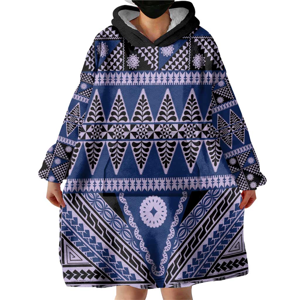 Vintage Bula Fiji Wearable Blanket Hoodie Prussian Blue Tapa Masi Motif