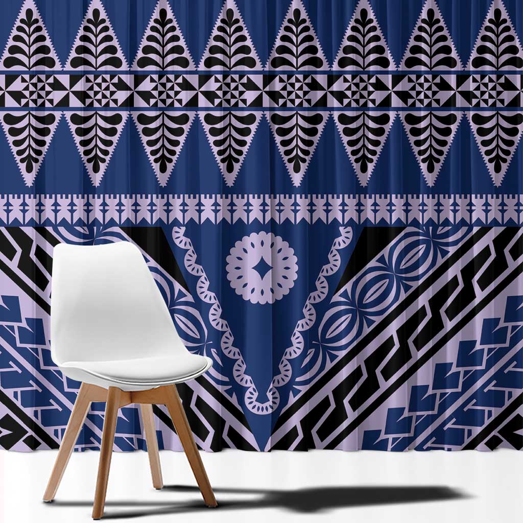 Vintage Bula Fiji Window Curtain Prussian Blue Tapa Masi Motif