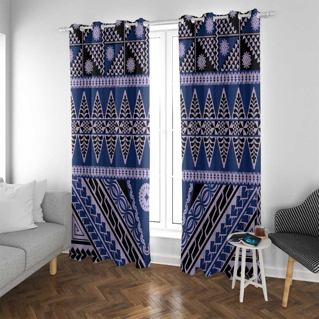 Vintage Bula Fiji Window Curtain Prussian Blue Tapa Masi Motif