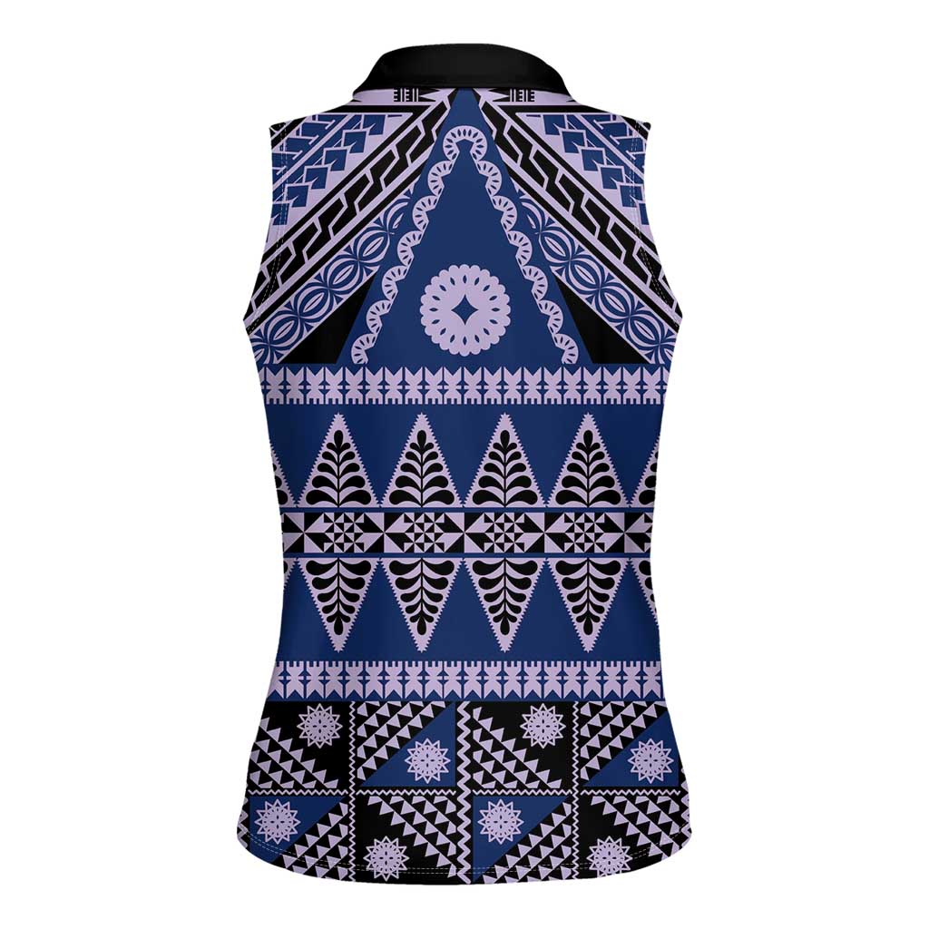 Vintage Bula Fiji Women Sleeveless Polo Shirt Prussian Blue Tapa Masi Motif