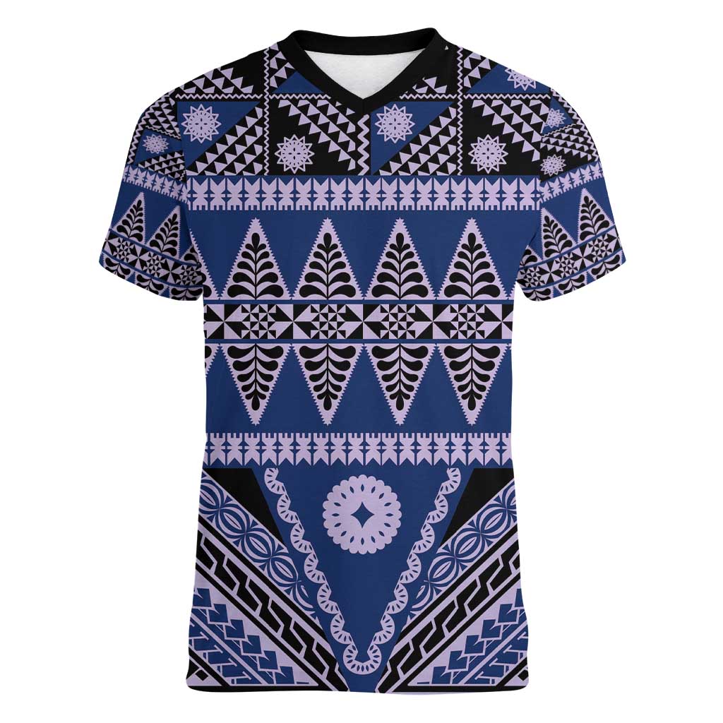 Vintage Bula Fiji Women V-Neck T-Shirt Prussian Blue Tapa Masi Motif