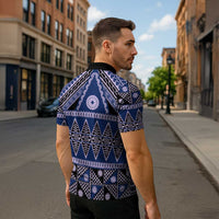 Vintage Bula Fiji Zipper Polo Shirt Prussian Blue Tapa Masi Motif - Polynesian Pride