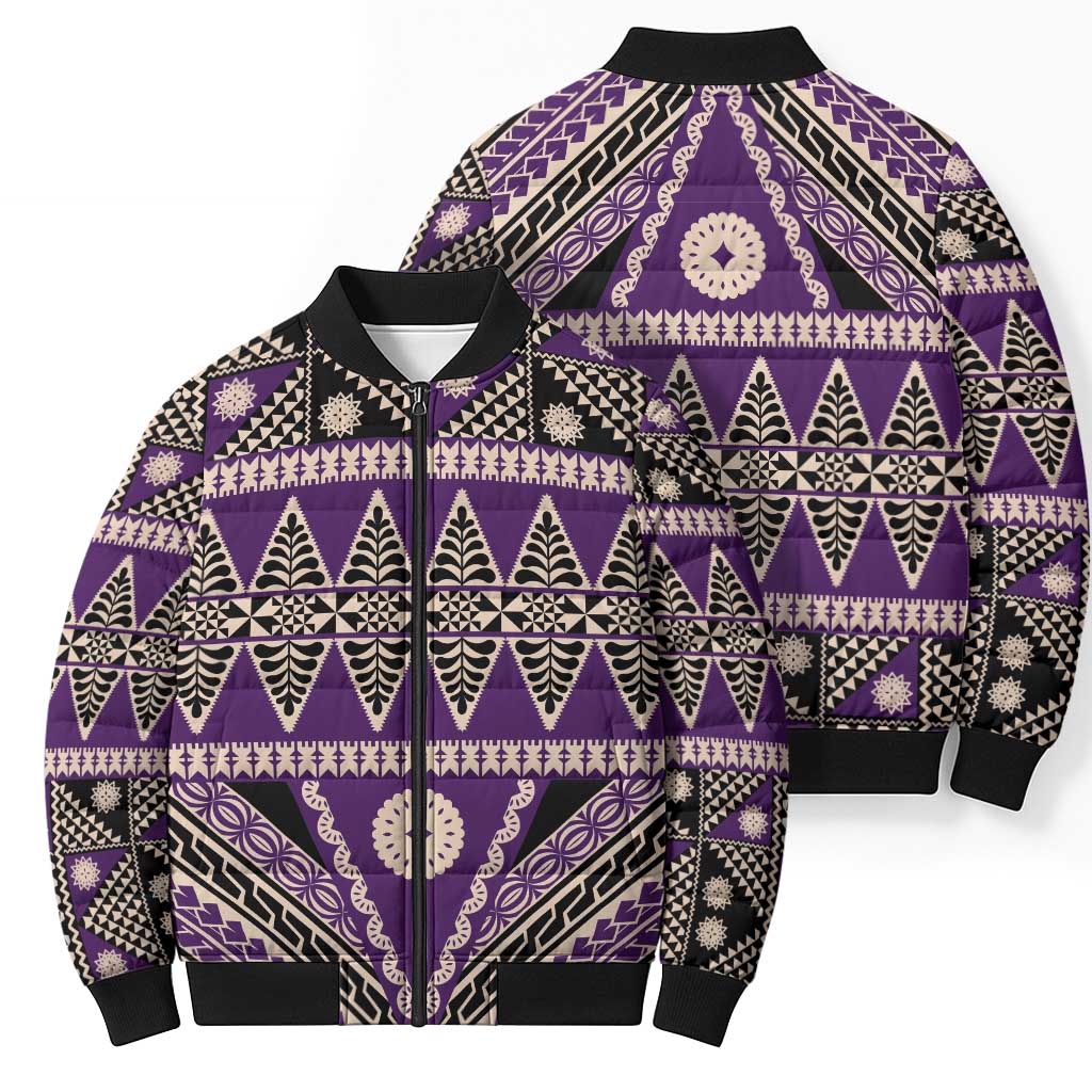 Vintage Bula Fiji Bomber Puffer Jacket Purple Tapa Masi Motif - Polynesian Pride