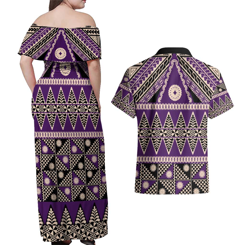 Vintage Bula Fiji Couples Matching Off Shoulder Maxi Dress and Hawaiian Shirt Purple Tapa Masi Motif
