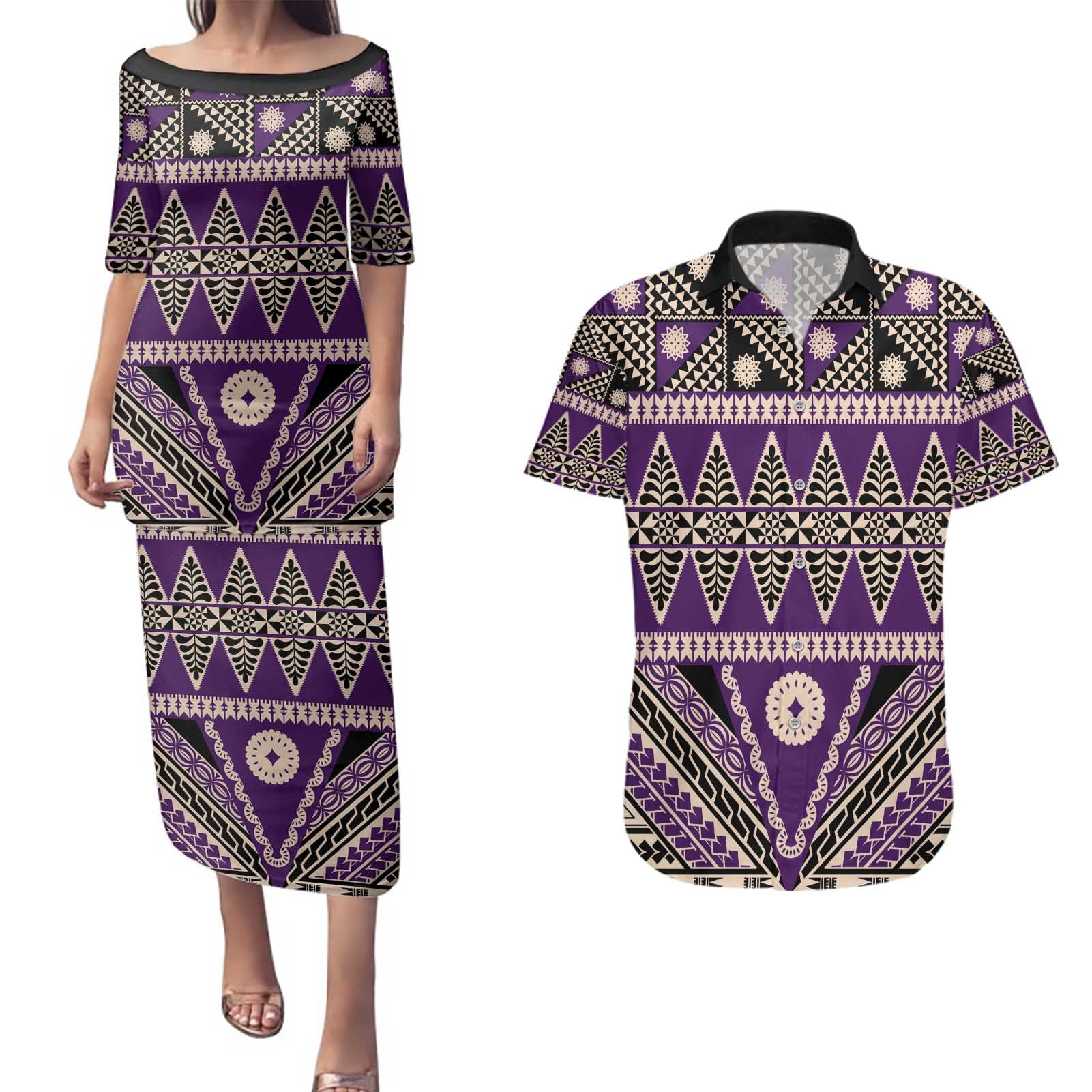 Vintage Bula Fiji Couples Matching Puletasi and Hawaiian Shirt Purple Tapa Masi Motif