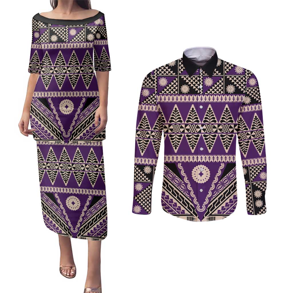Vintage Bula Fiji Couples Matching Puletasi and Long Sleeve Button Shirt Purple Tapa Masi Motif