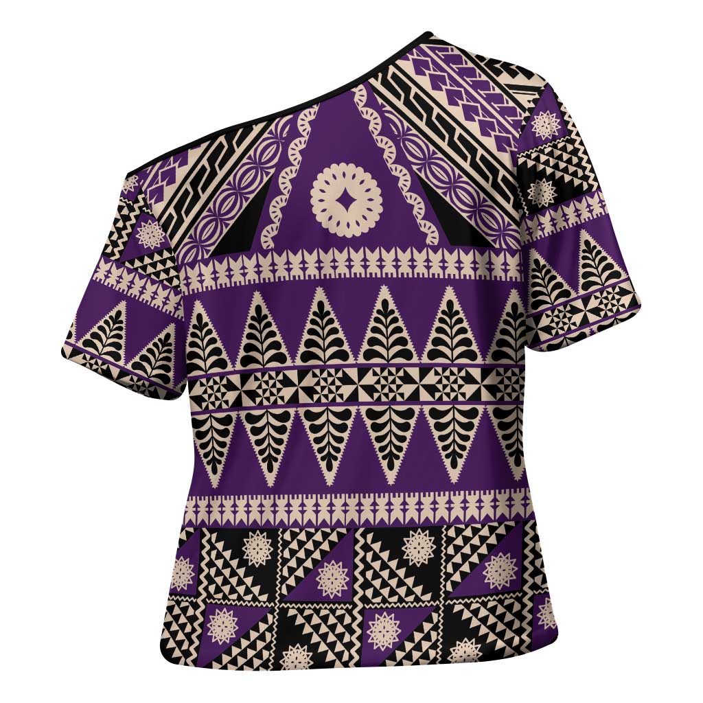 Vintage Bula Fiji Cross Shoulder Shirt Purple Tapa Masi Motif - Polynesian Pride