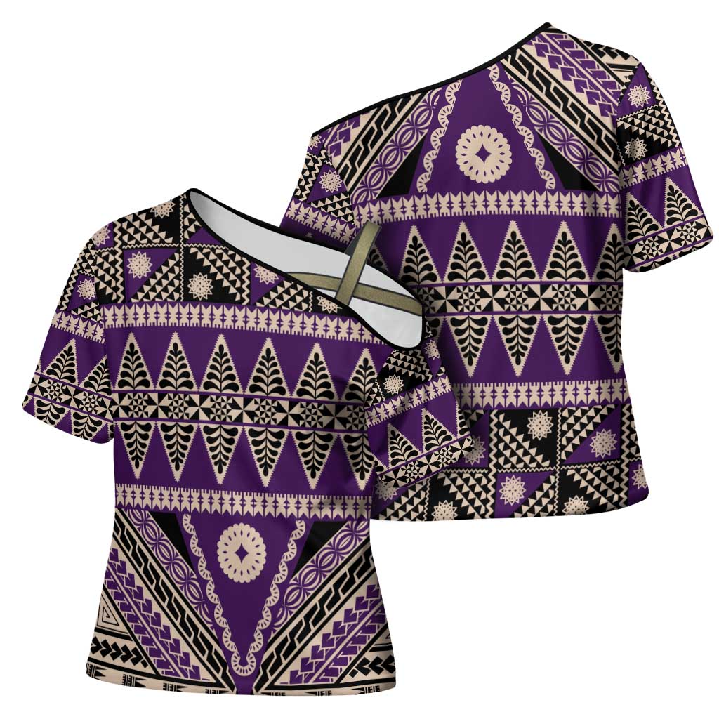 Vintage Bula Fiji Cross Shoulder Shirt Purple Tapa Masi Motif - Polynesian Pride