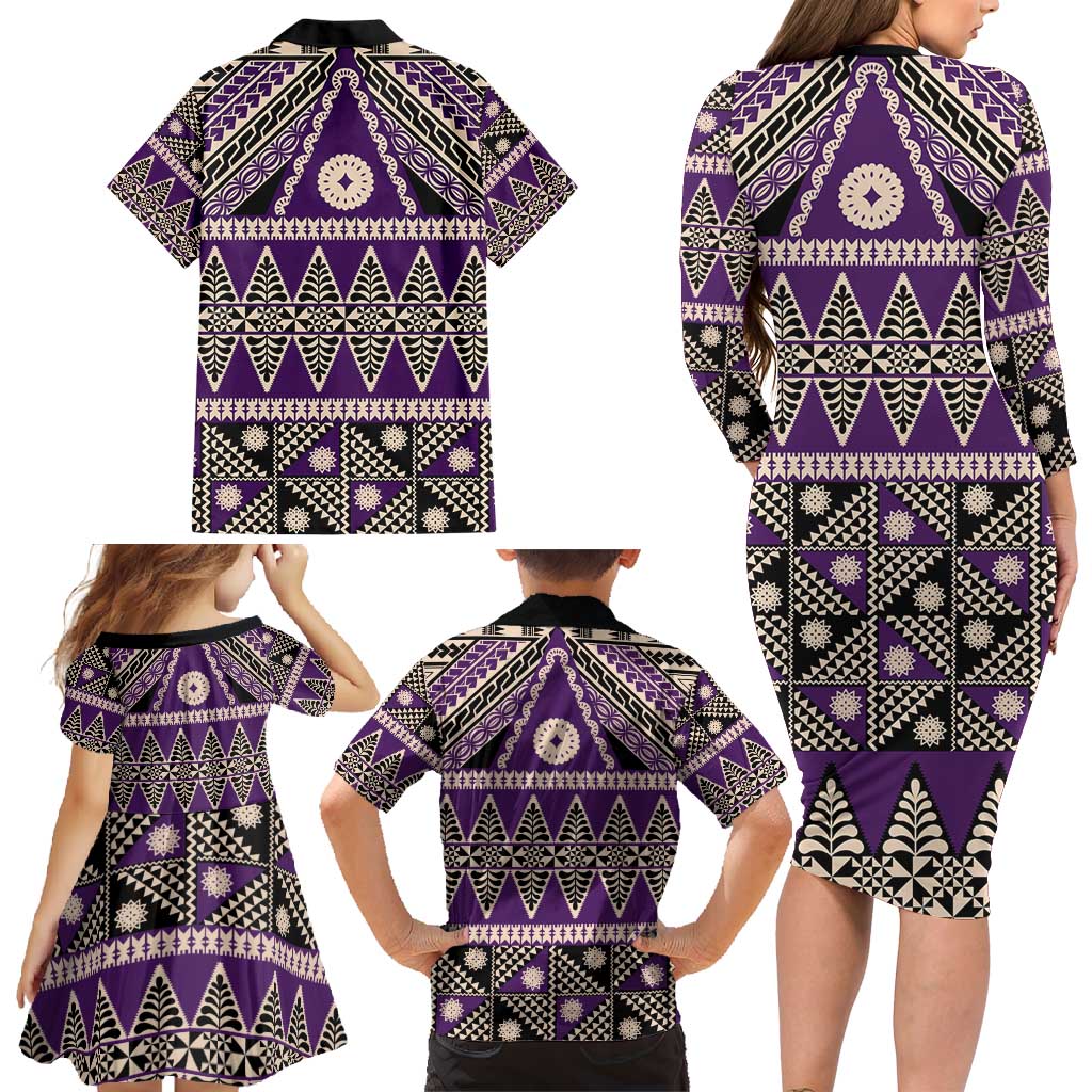 Vintage Bula Fiji Family Matching Long Sleeve Bodycon Dress and Hawaiian Shirt Purple Tapa Masi Motif