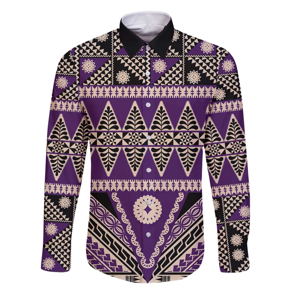 Vintage Bula Fiji Family Matching Long Sleeve Bodycon Dress and Hawaiian Shirt Purple Tapa Masi Motif