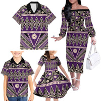 Vintage Bula Fiji Family Matching Off The Shoulder Long Sleeve Dress and Hawaiian Shirt Purple Tapa Masi Motif