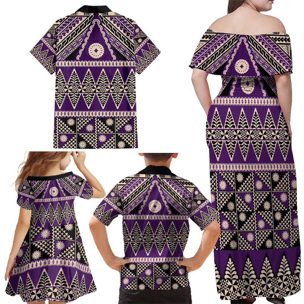 Vintage Bula Fiji Family Matching Off Shoulder Maxi Dress and Hawaiian Shirt Purple Tapa Masi Motif