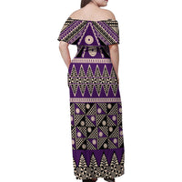 Vintage Bula Fiji Family Matching Off Shoulder Maxi Dress and Hawaiian Shirt Purple Tapa Masi Motif