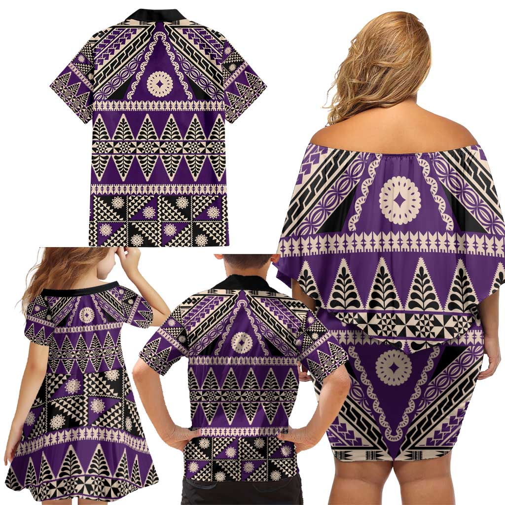 Vintage Bula Fiji Family Matching Off Shoulder Short Dress and Hawaiian Shirt Purple Tapa Masi Motif