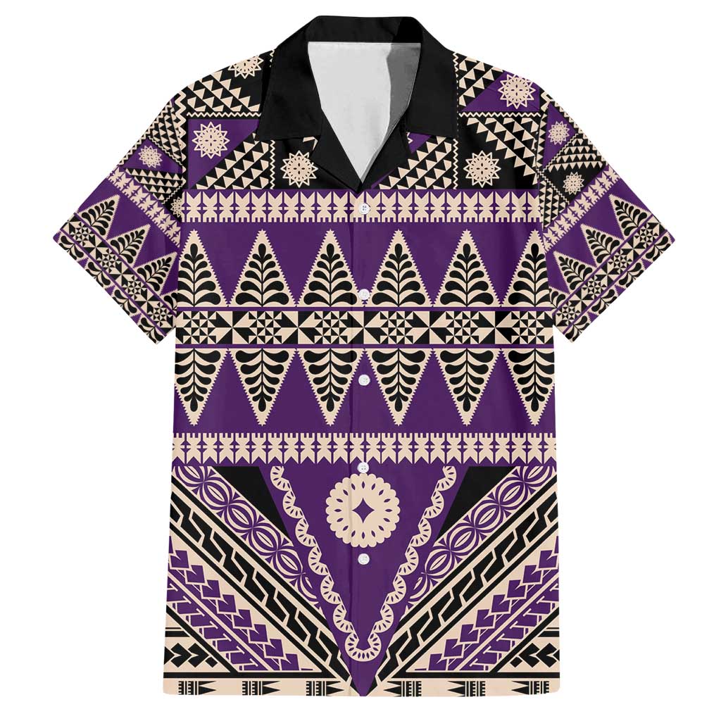 Vintage Bula Fiji Family Matching Off Shoulder Short Dress and Hawaiian Shirt Purple Tapa Masi Motif