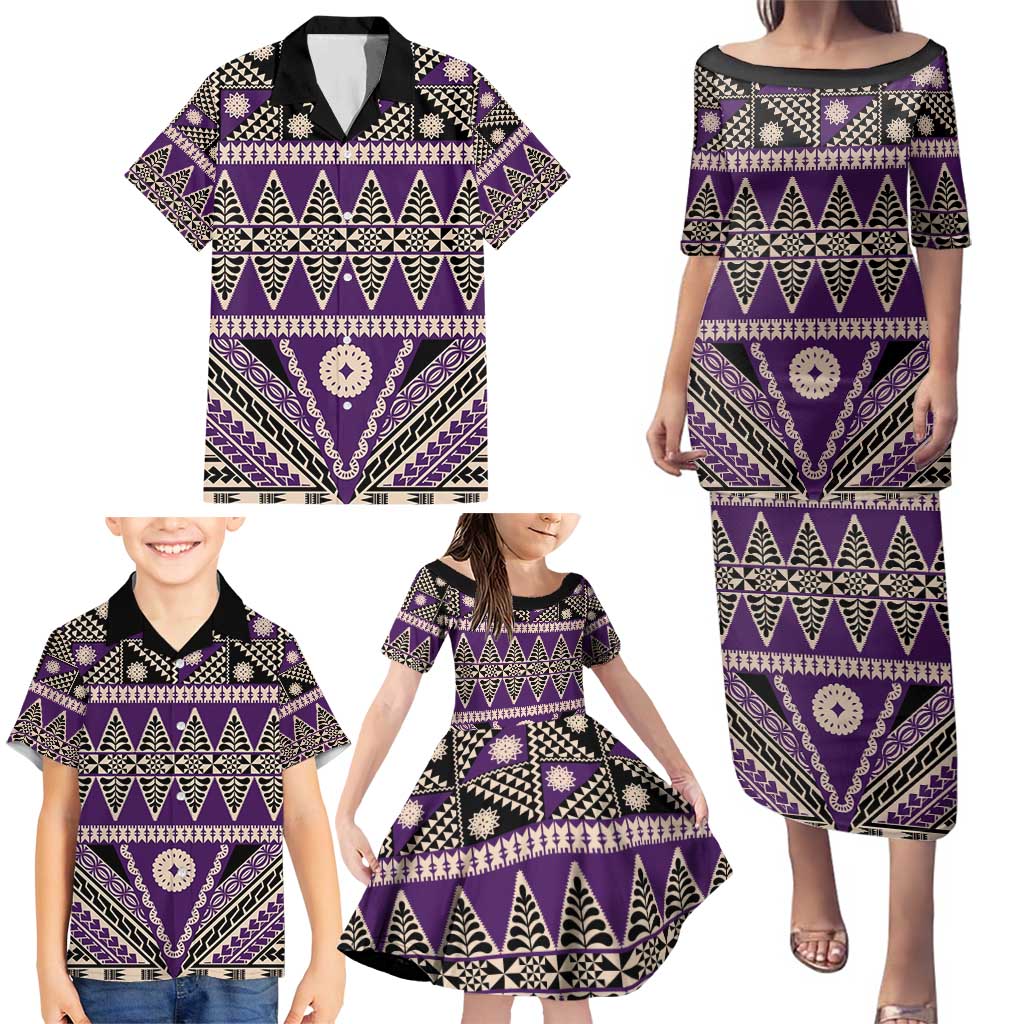 Vintage Bula Fiji Family Matching Puletasi and Hawaiian Shirt Purple Tapa Masi Motif