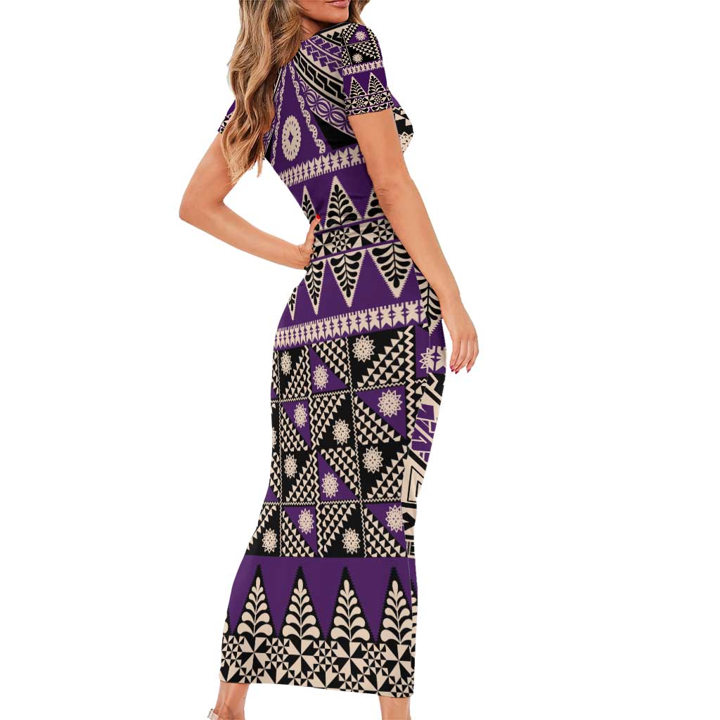 Vintage Bula Fiji Family Matching Short Sleeve Bodycon Dress and Hawaiian Shirt Purple Tapa Masi Motif