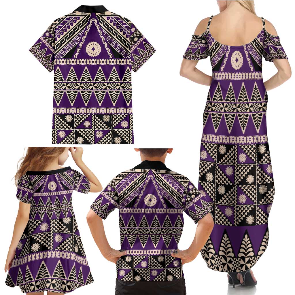 Vintage Bula Fiji Family Matching Summer Maxi Dress and Hawaiian Shirt Purple Tapa Masi Motif