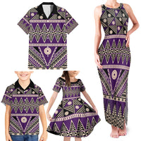 Vintage Bula Fiji Family Matching Tank Maxi Dress and Hawaiian Shirt Purple Tapa Masi Motif