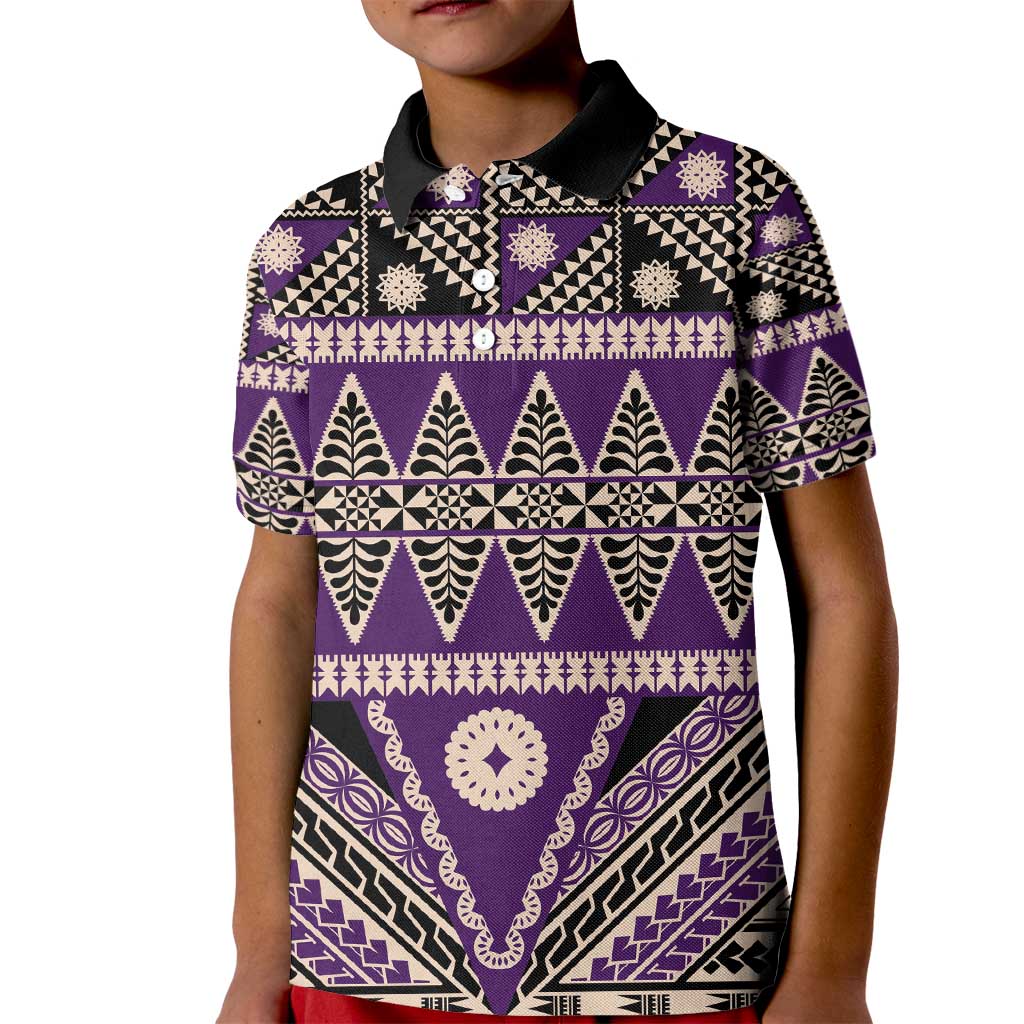 Vintage Bula Fiji Kid Polo Shirt Purple Tapa Masi Motif
