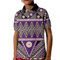 Vintage Bula Fiji Kid Polo Shirt Purple Tapa Masi Motif
