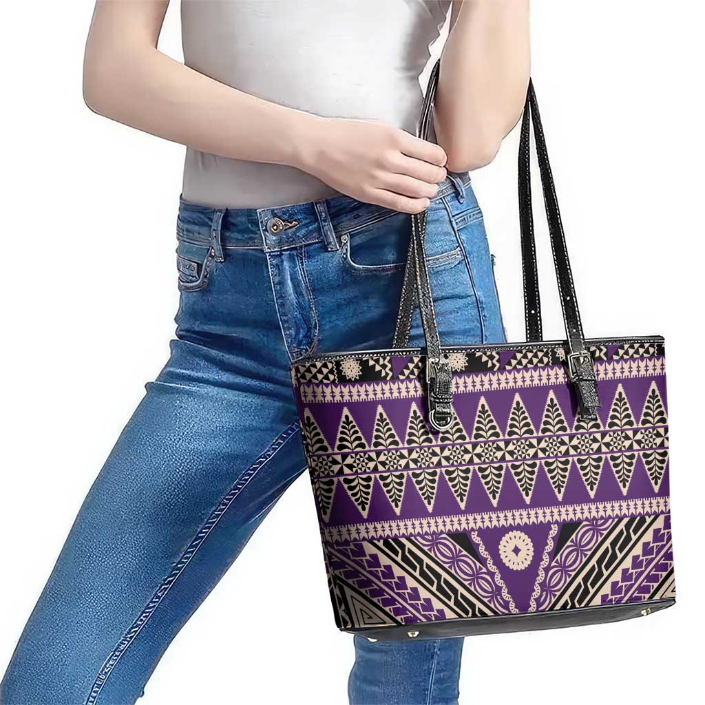 Vintage Bula Fiji Leather Tote Bag Purple Tapa Masi Motif
