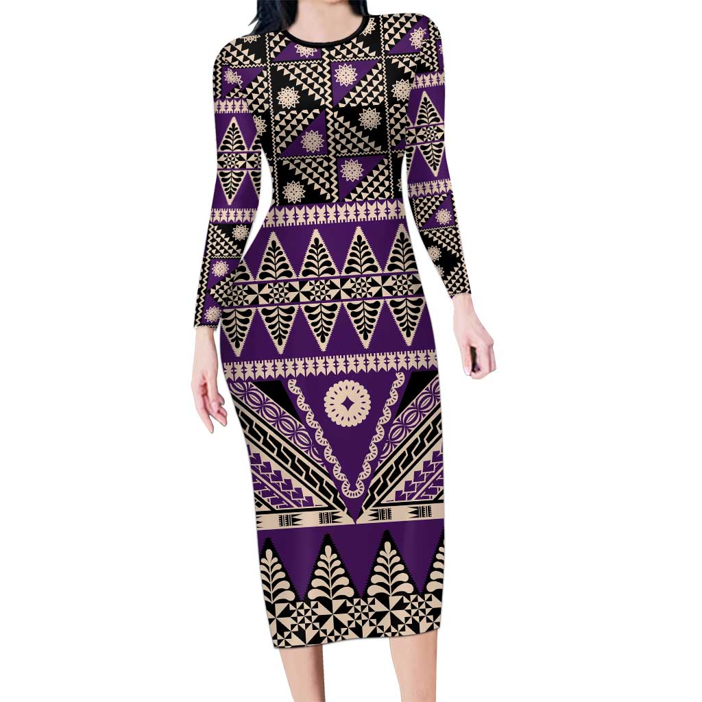 Vintage Bula Fiji Long Sleeve Bodycon Dress Purple Tapa Masi Motif