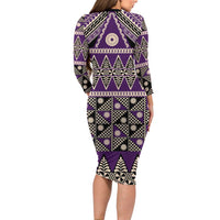 Vintage Bula Fiji Long Sleeve Bodycon Dress Purple Tapa Masi Motif