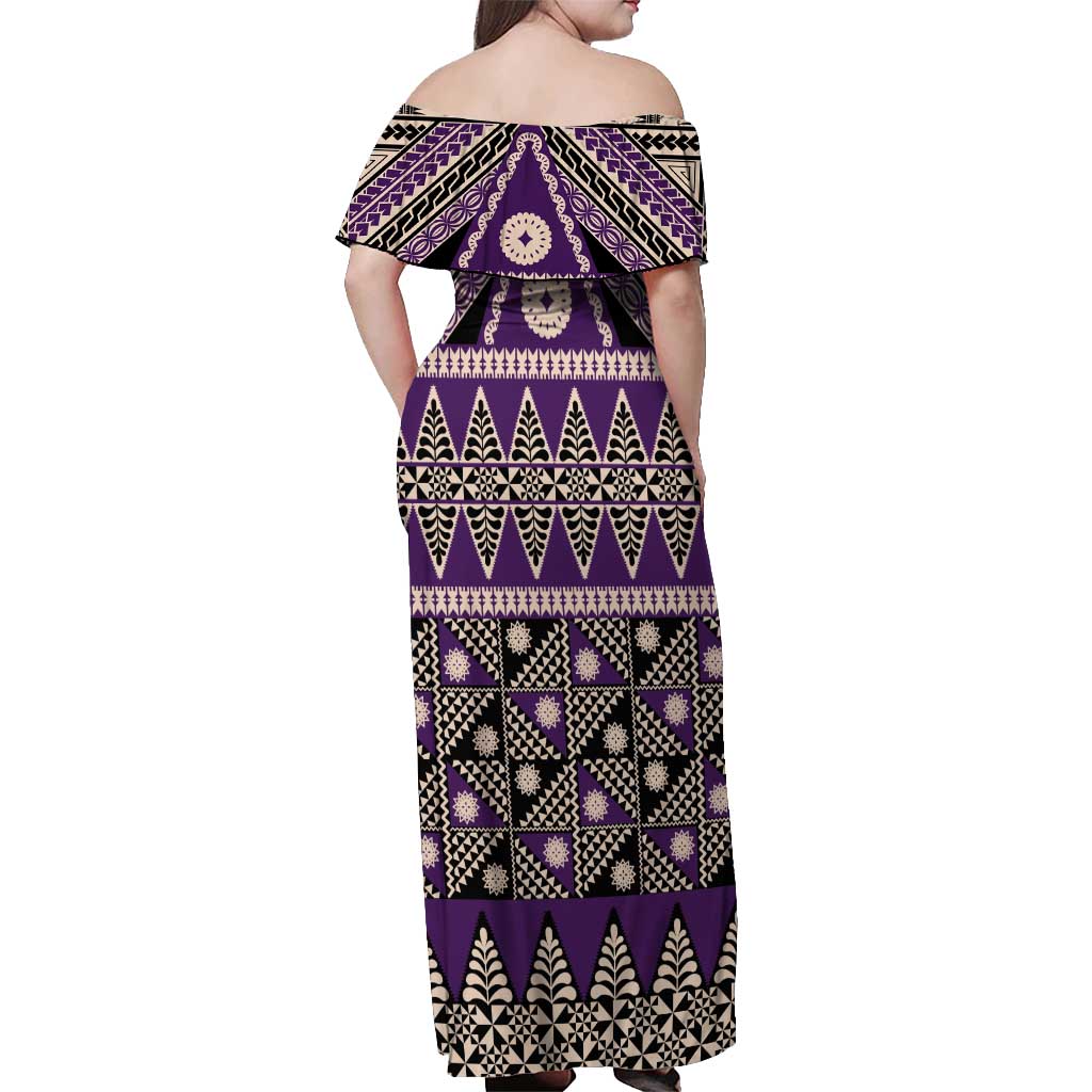 Vintage Bula Fiji Off Shoulder Maxi Dress Purple Tapa Masi Motif