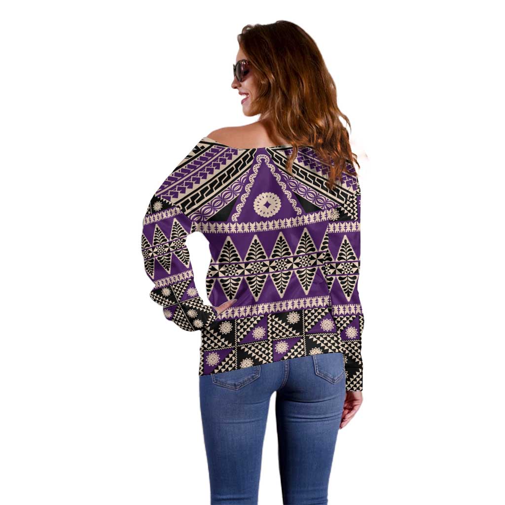 Vintage Bula Fiji Off Shoulder Sweater Purple Tapa Masi Motif
