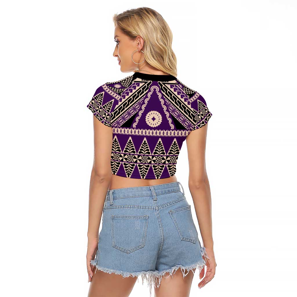Vintage Bula Fiji Raglan Cropped T Shirt Purple Tapa Masi Motif