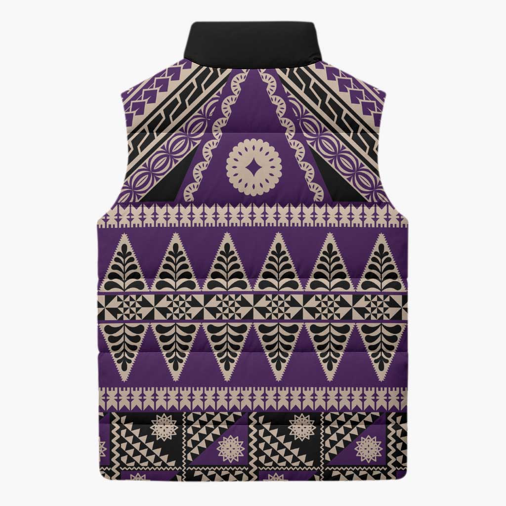 Vintage Bula Fiji Sleeveless Puffer Jacket Purple Tapa Masi Motif - Polynesian Pride