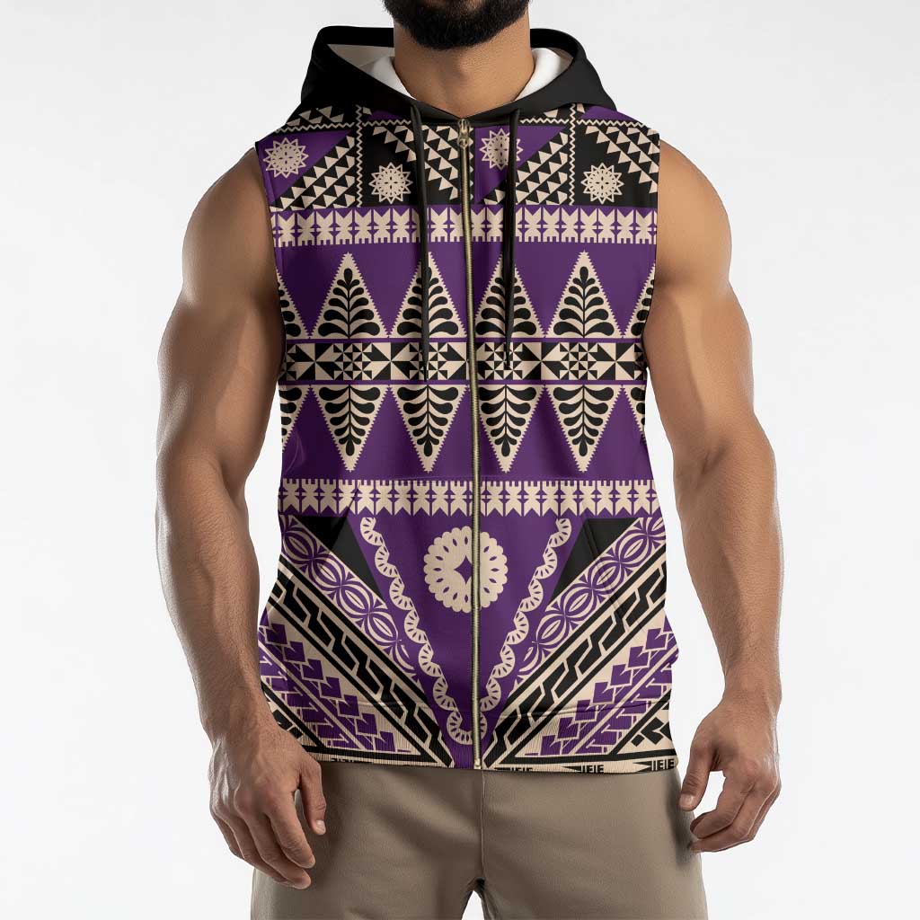 Vintage Bula Fiji Sleeveless Zip Hoodie Purple Tapa Masi Motif - Polynesian Pride
