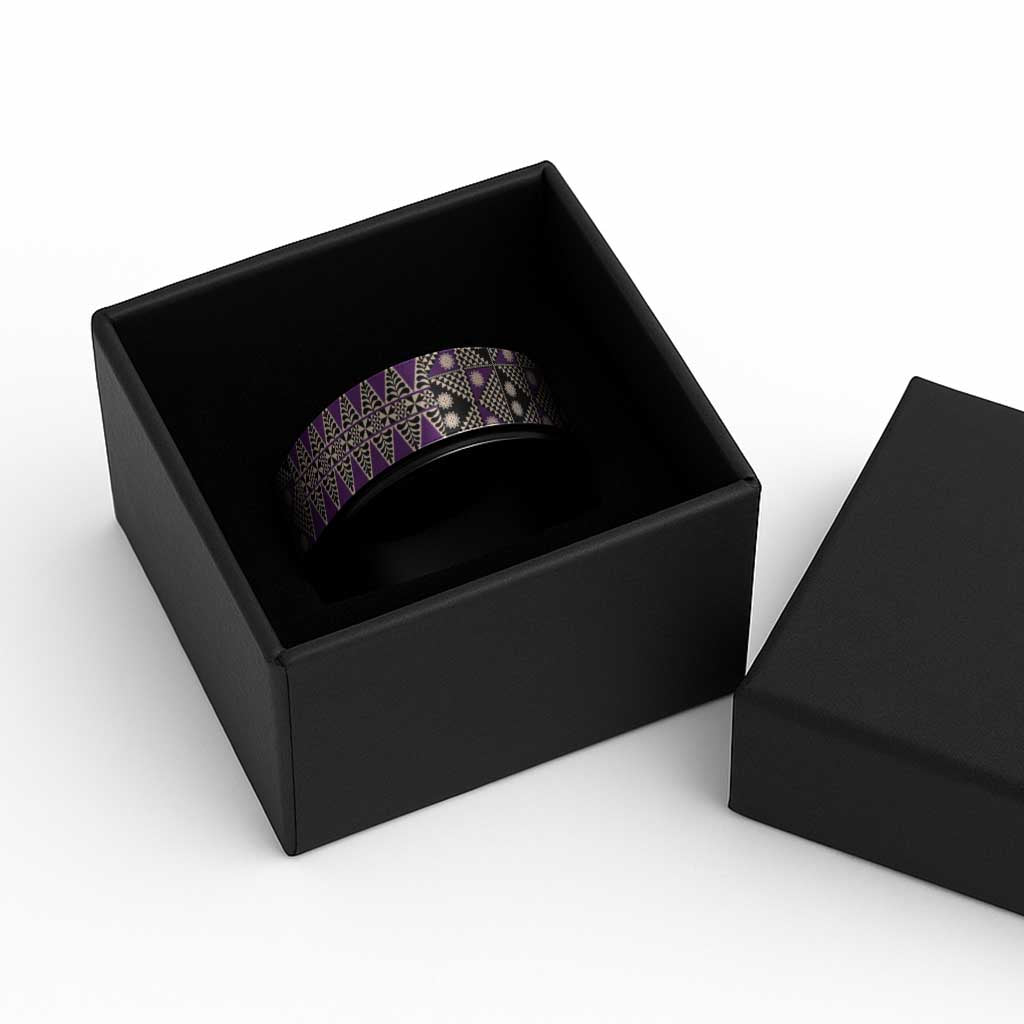 Vintage Bula Fiji Spinner Ring Purple Tapa Masi Motif - Polynesian Pride