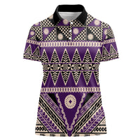 Vintage Bula Fiji Women Polo Shirt Purple Tapa Masi Motif