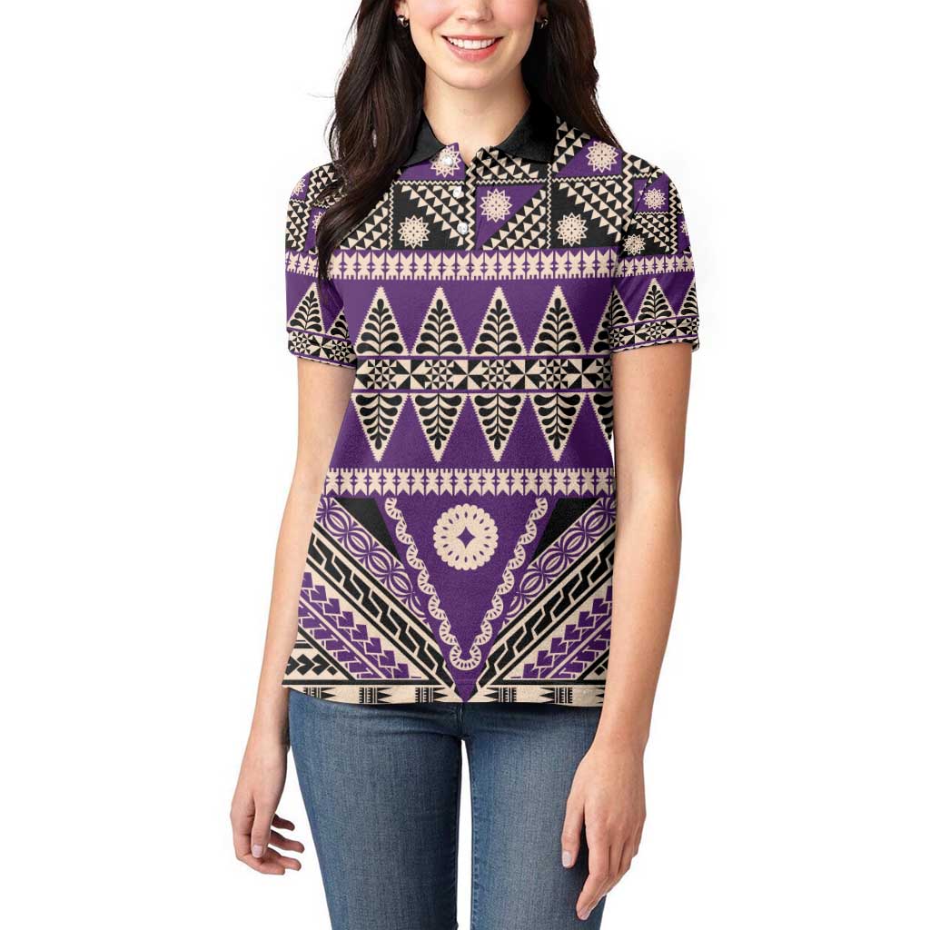Vintage Bula Fiji Women Polo Shirt Purple Tapa Masi Motif