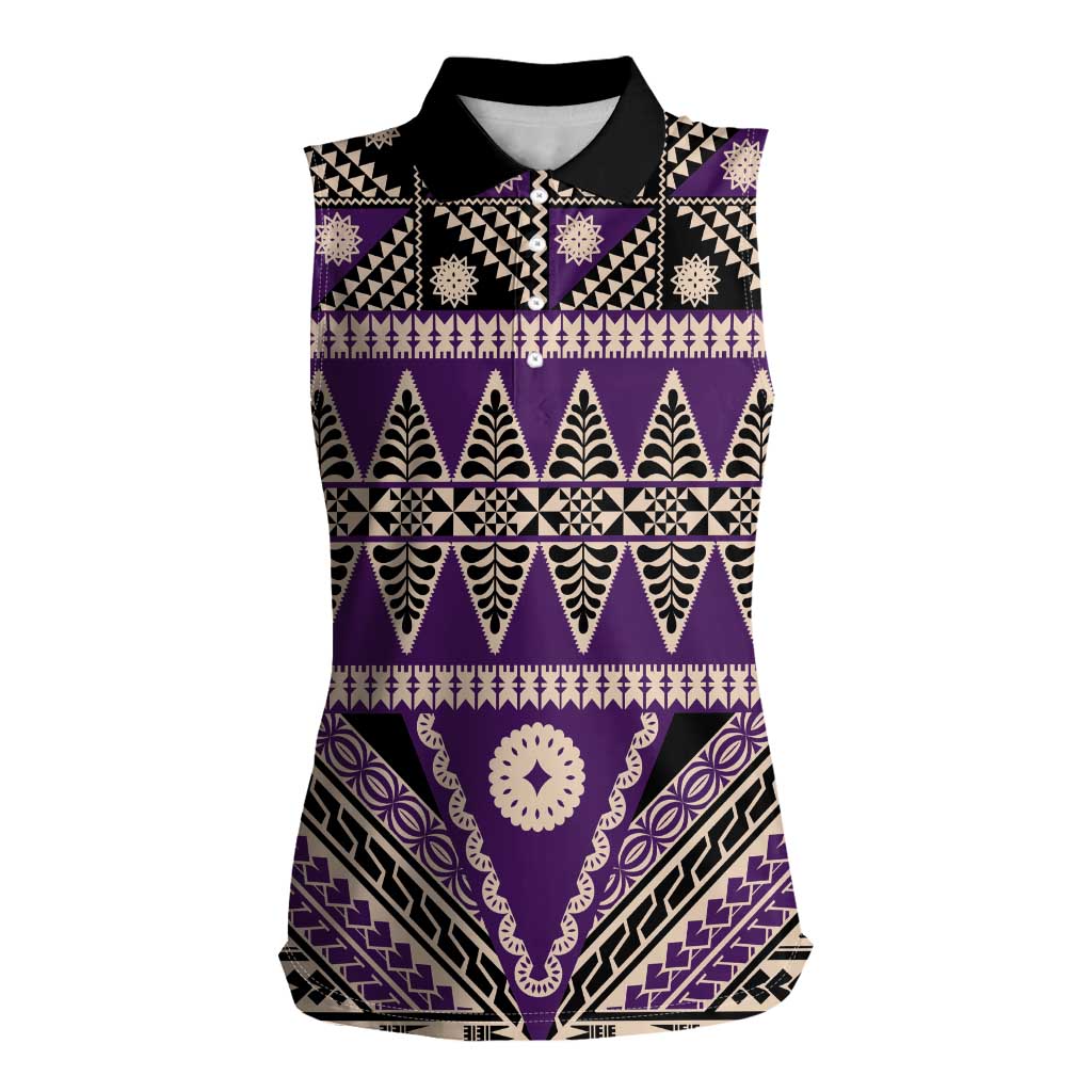 Vintage Bula Fiji Women Sleeveless Polo Shirt Purple Tapa Masi Motif