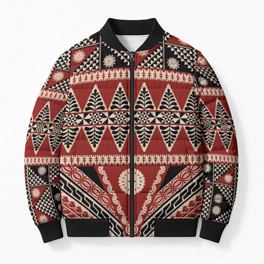 Vintage Bula Fiji Bomber Puffer Jacket Red Tapa Masi Motif - Polynesian Pride