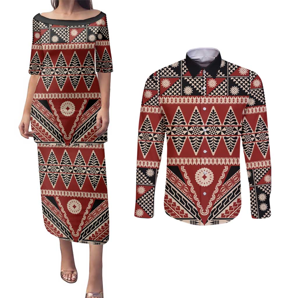 Vintage Bula Fiji Couples Matching Puletasi and Long Sleeve Button Shirt Red Tapa Masi Motif