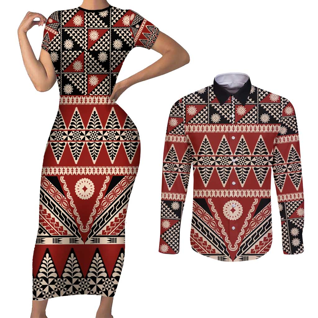 Vintage Bula Fiji Couples Matching Short Sleeve Bodycon Dress and Long Sleeve Button Shirt Red Tapa Masi Motif