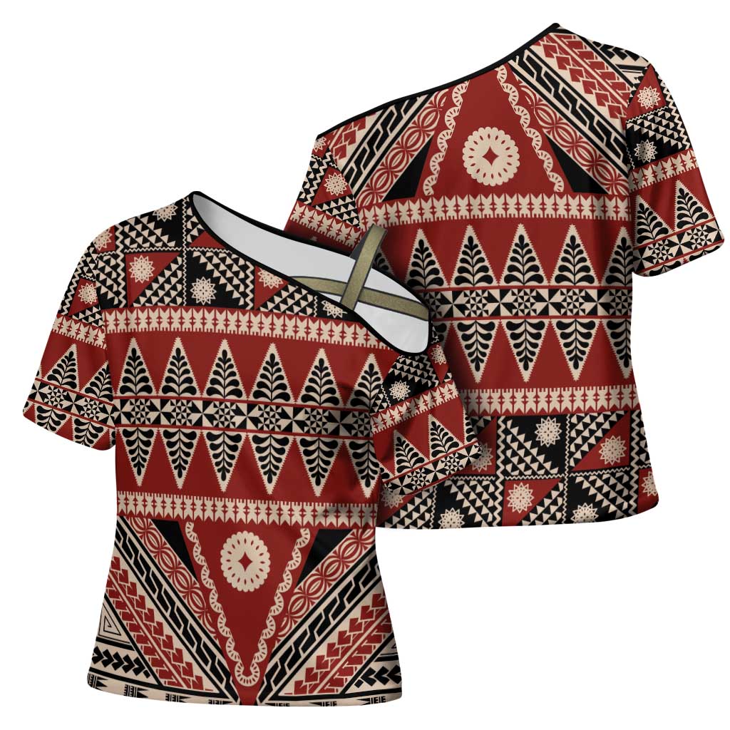 Vintage Bula Fiji Cross Shoulder Shirt Red Tapa Masi Motif - Polynesian Pride