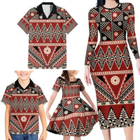 Vintage Bula Fiji Family Matching Long Sleeve Bodycon Dress and Hawaiian Shirt Red Tapa Masi Motif