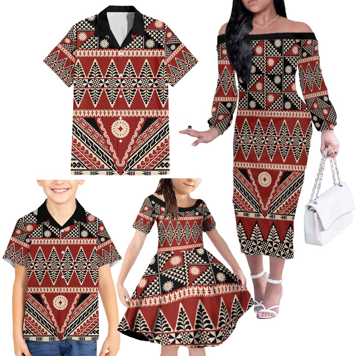 Vintage Bula Fiji Family Matching Off The Shoulder Long Sleeve Dress and Hawaiian Shirt Red Tapa Masi Motif