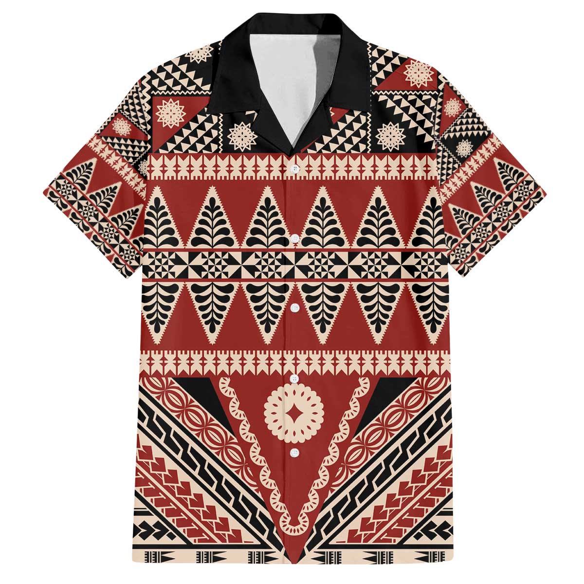 Vintage Bula Fiji Family Matching Off The Shoulder Long Sleeve Dress and Hawaiian Shirt Red Tapa Masi Motif
