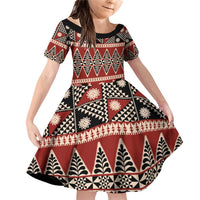 Vintage Bula Fiji Family Matching Off Shoulder Short Dress and Hawaiian Shirt Red Tapa Masi Motif